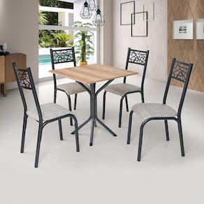 Mesa Quadrada 68X68 Com 4 Cadeiras Em Aço Preto Carvalho Com Estofado Manteiga Jade Ciplafe