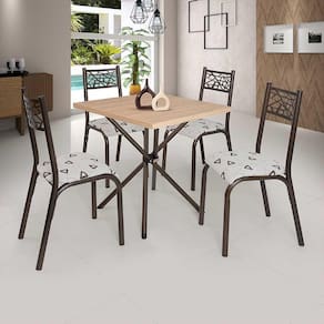 Mesa Quadrada 75X75 Com 4 Cadeiras Em Aço Bronze Carvalho Com Estofado Bege Geométrico Jade Ciplafe