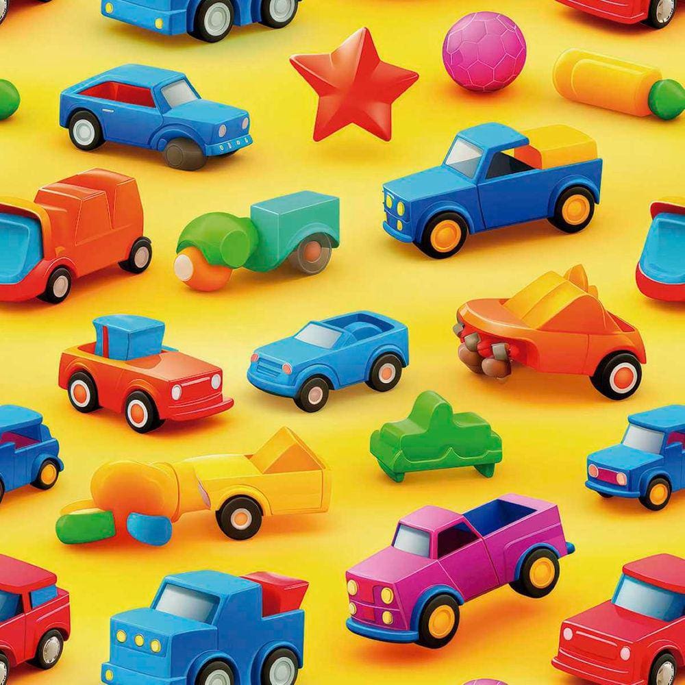 Papel de Parede Auto Colante Infantil Amarelo Carrinhos Coloridos decorativo Quarto Bebê 9m