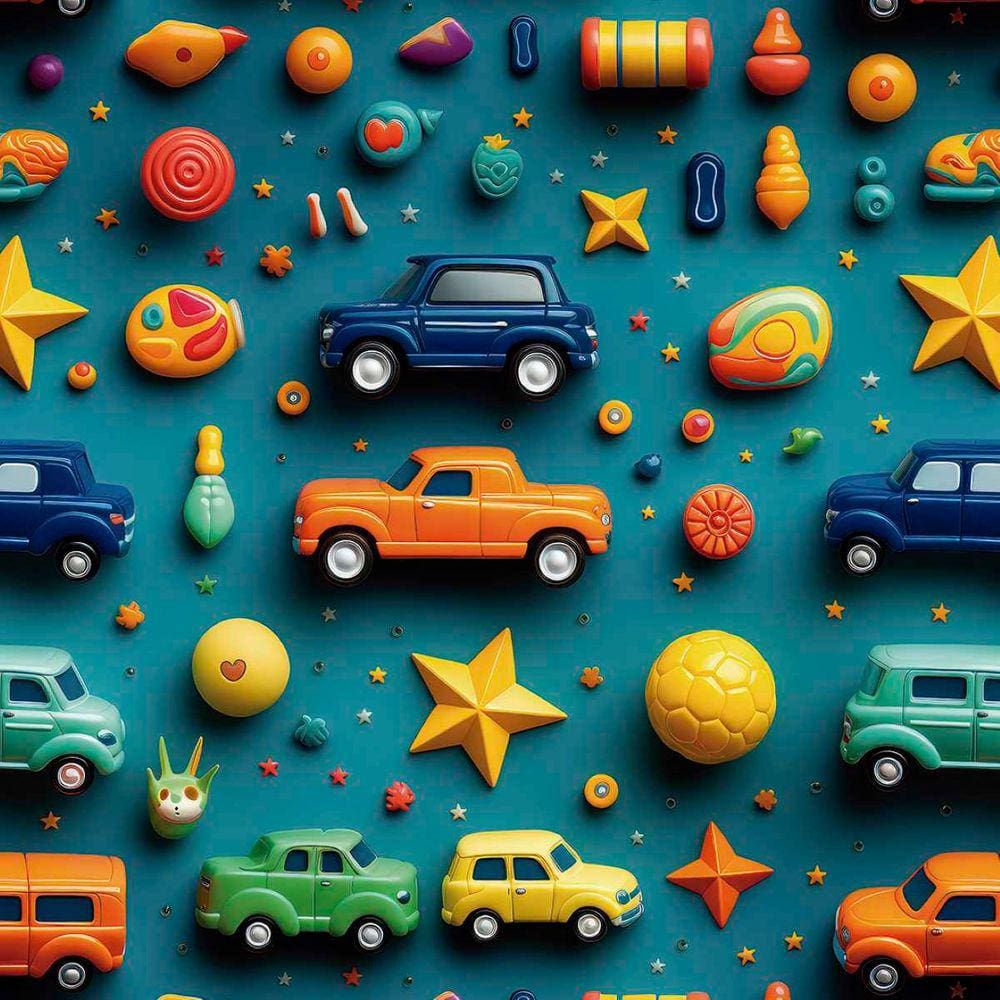 Papel de Parede Auto Colante Infantil Azul Brinquedinhos Quarto Menino Vinil Lavavel 18m