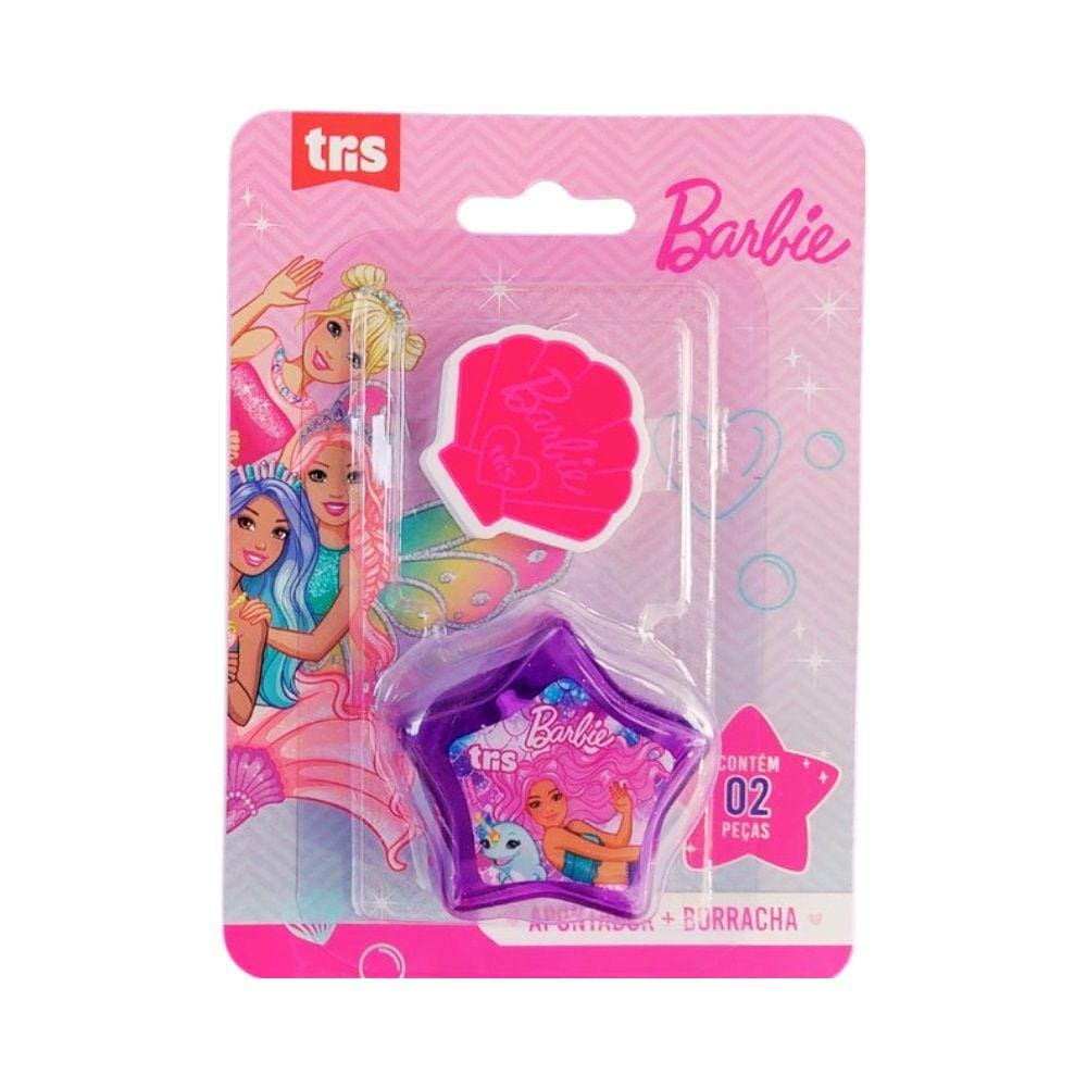 Apontador Com Deposito + Borracha Escolar Barbie - Tris | Magico | Personagem | Kit | Desenho | Rosa | Fofo | Brilhante