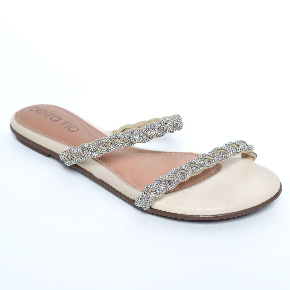 Rasteira Beira Rio Tira Trança Strass Feminina - Creme