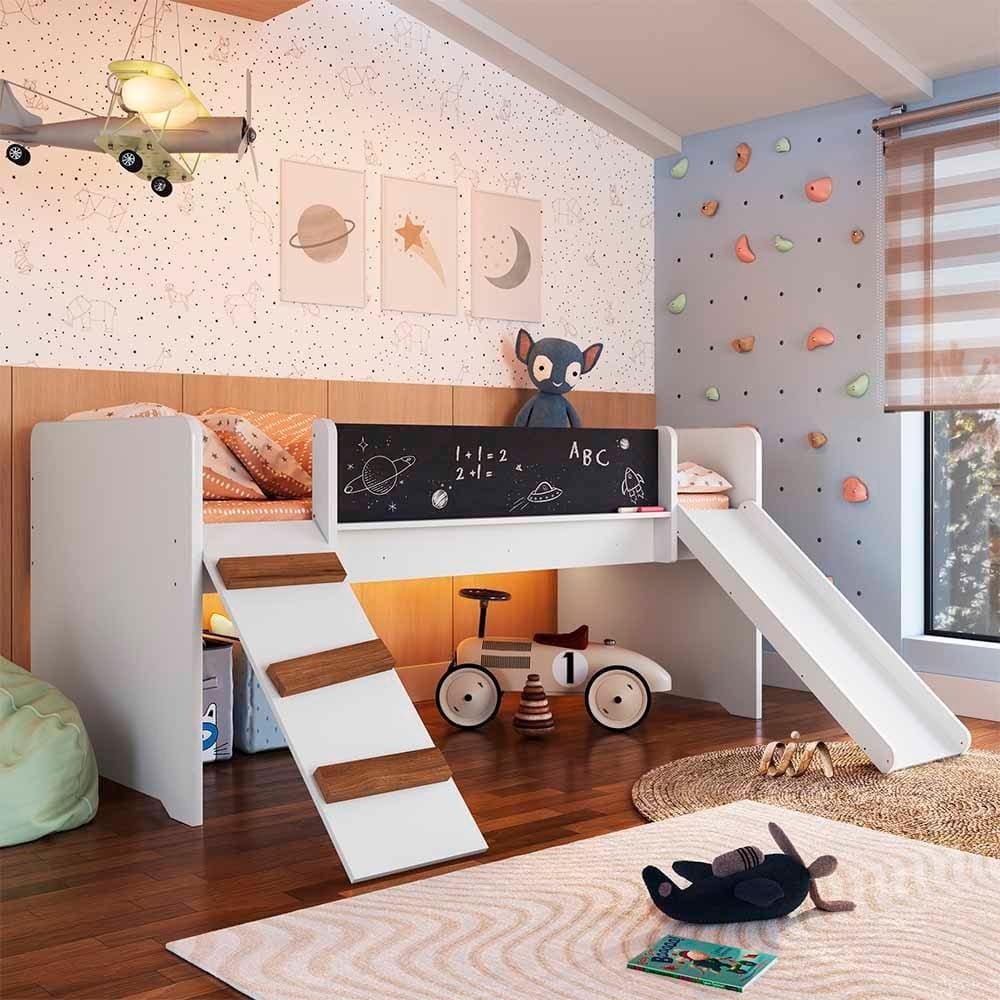 Cama Infantil com Escorregador e Lousa Branco - Alice Shop JM