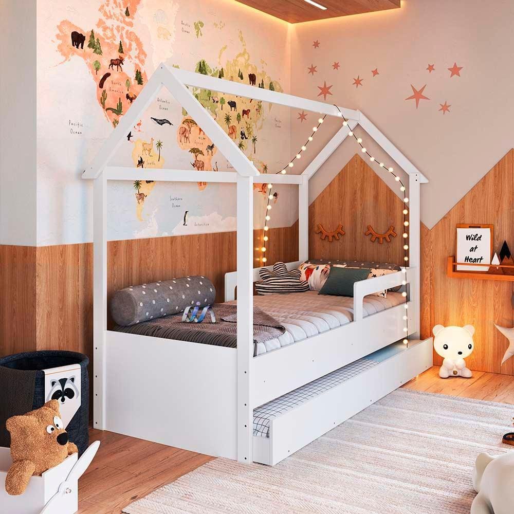 Cama Infantil Casinha Branca com Auxiliar e 2 Colchões