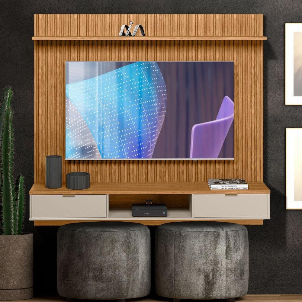 Painel Ripado com Rack até 75 Polegadas Off White - Velor Shop JM