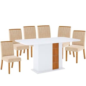 Mesa de Jantar Jein 160 cm Tampo Arredondado com Vidro Branco HP Nature Flex e 6 Cadeiras Méri Linho - Henn