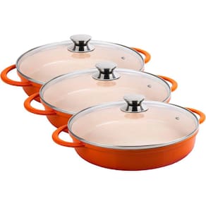 Kit Caçarola Baixa Hercules Indução Antiaderente Ceramico Tampa de Vidro Redonda Laranja 30cm 3,5L + 3,5L + 3,5L