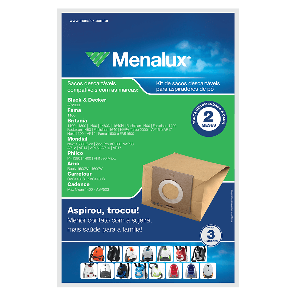Kit 3 Sacos Descartáveis Menalux para Aspirador de Pó (SIM01)