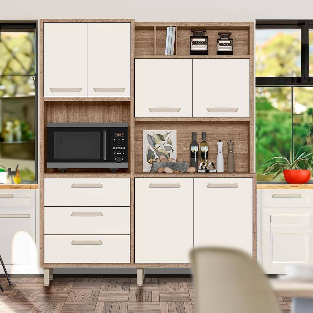 Kit Cozinha Maud Shop Jm Carvalho Nature Off White - Completo com Nicho para Micro-ondas
