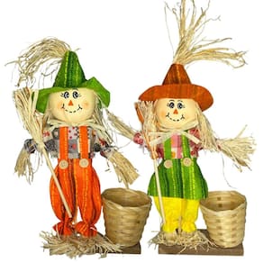 Casal Espantalhos Palha Decoração Festa Junina Cesto 30Cm