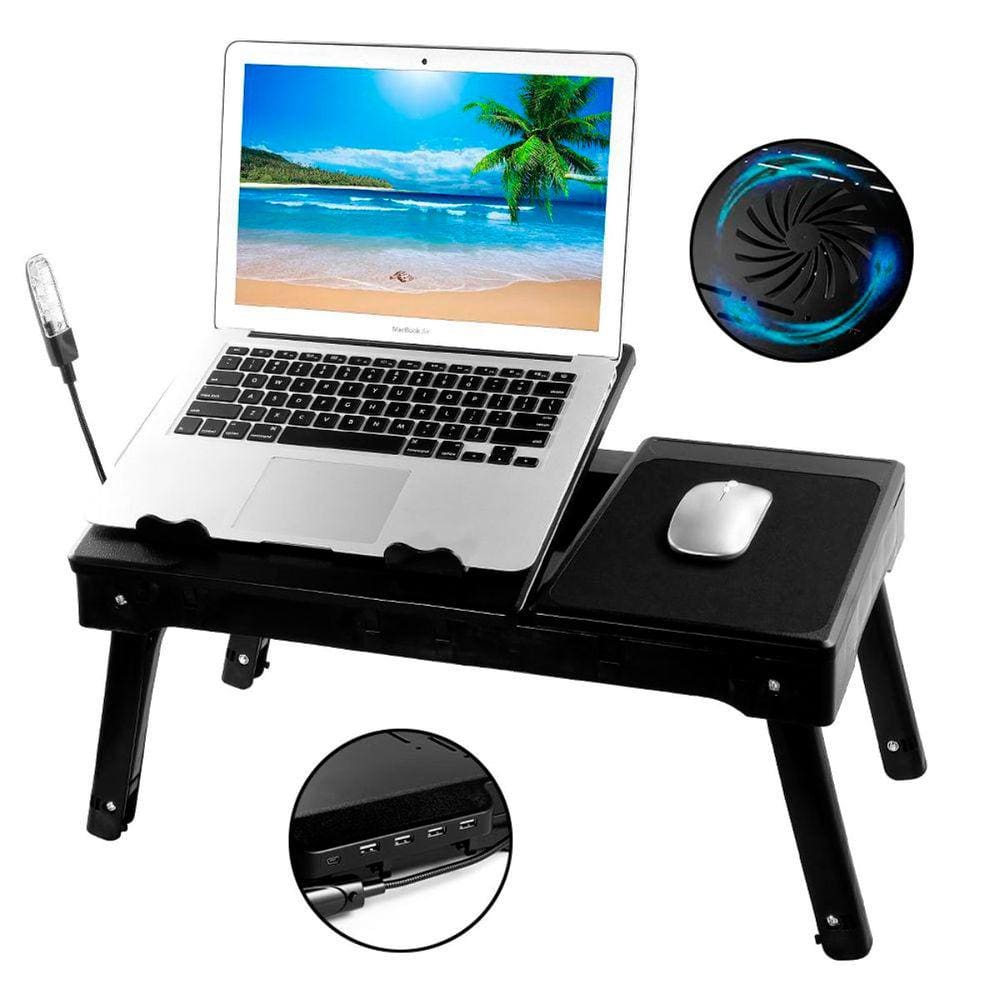 Mesa Cama Notebook Ajustável Multiuso C/ Cooler + Hub 4 Portas USB + Lanterna + Porta Objetos