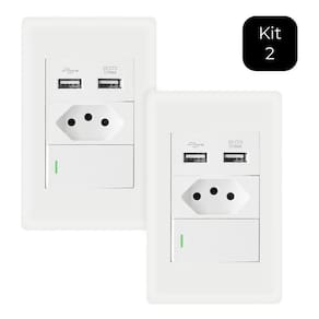 Kit Tomada Interruptor 2 USB - Branco - Bivolt - 10A