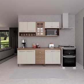 Cozinha Modulada Compacta Fidelitá Paris 4 Peças 190cm 9 Portas 3 Gavetas Com Tampo Nogal/Salinas