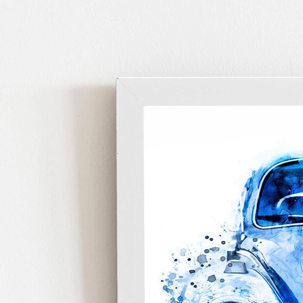 Fusca Arte Aquarela Azul Carro Quadro Moldura Branca 60X40Cm