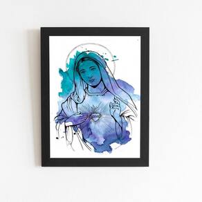 Nossa Senhora Aquarela Azul Quadro Moldura Preta 60X40Cm