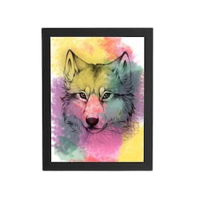 Quadro Lobo Aquarela Arte Animais Moldura Preta 60X40Cm