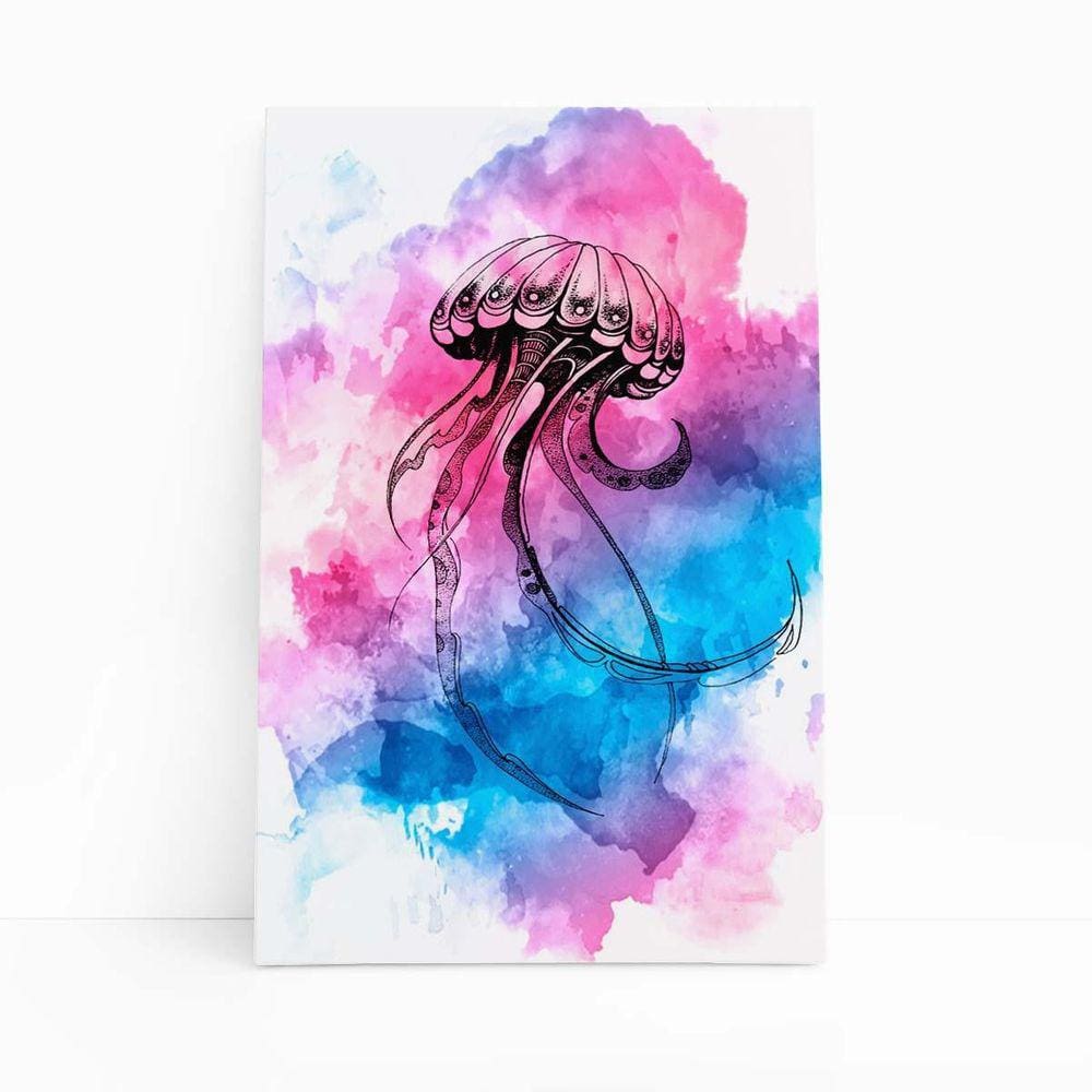 Água Viva Azul E Rosa Arte Aquarela Quadro Canvas 60X40Cm