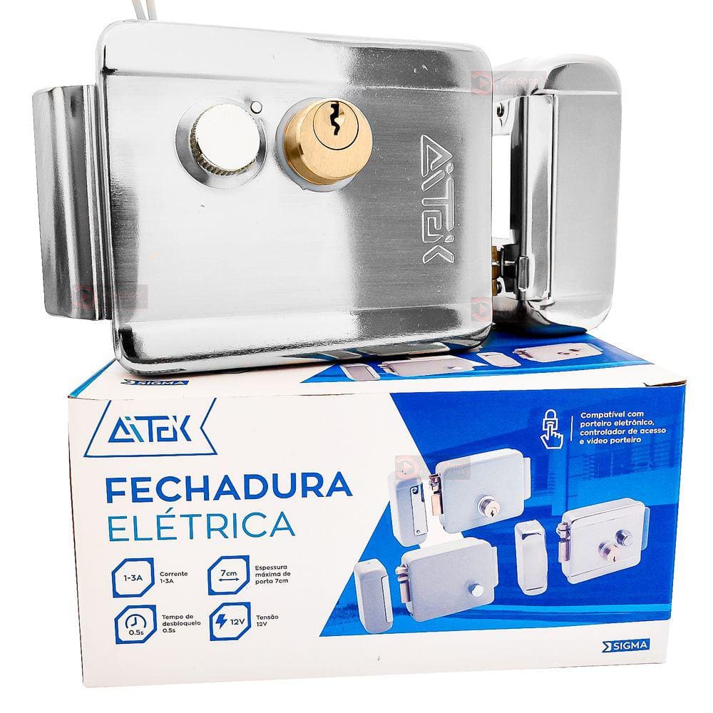 Fechadura Eletrica Dupla Com Botao Sobrepor C/ Cilindro Ajustavel P/ Porta De Madeira E Portao Social