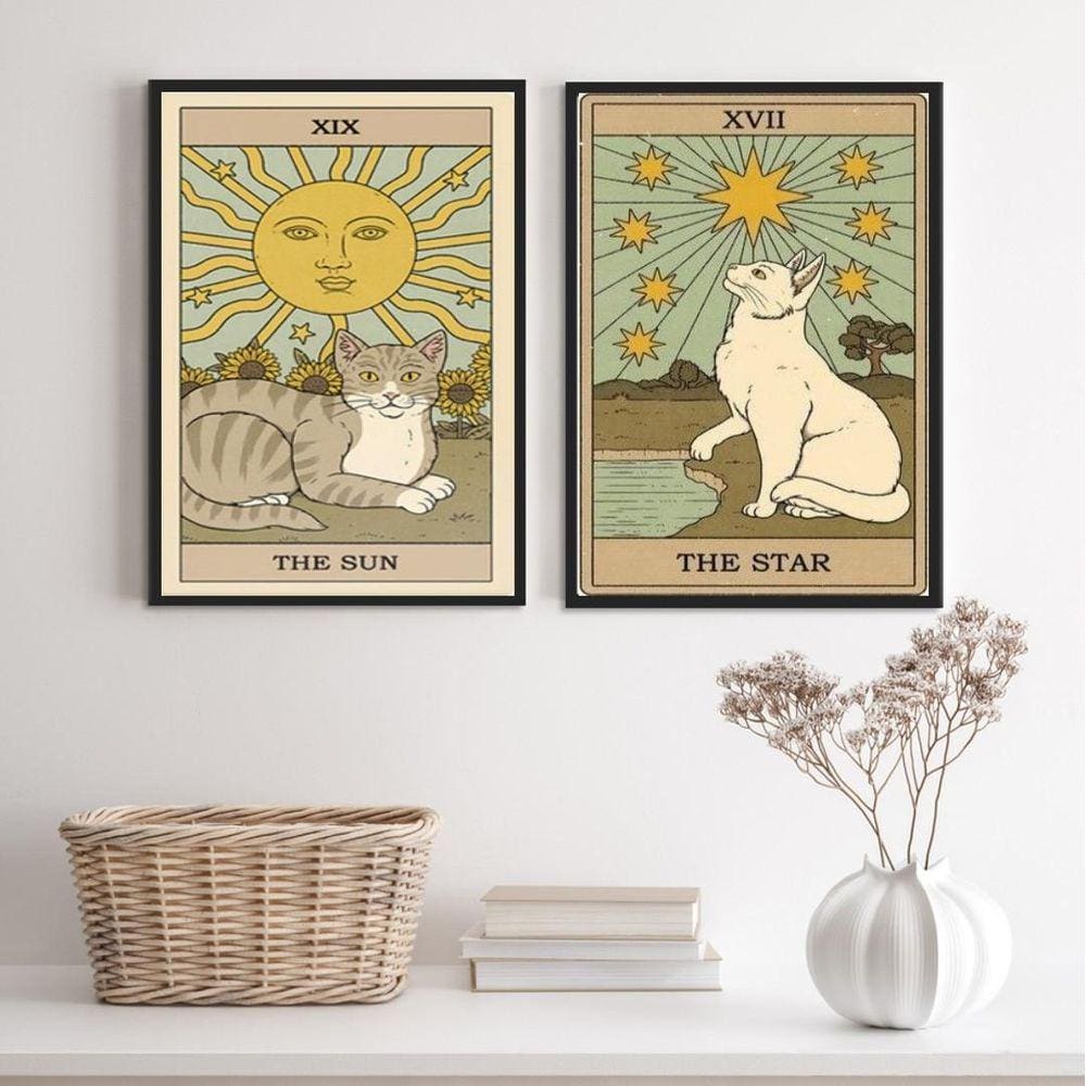 Kit 2 Quadros Cartas Tarot Gato- The Sun E The Star 45X34Cm