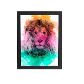 Quadro Leão Animais Arte Aquarela Moldura Preta 60X40Cm