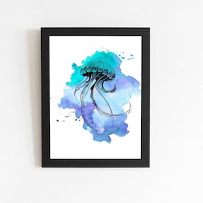 Água Viva Azul E Roxo Aquarela Quadro Moldura Preta 60X40Cm