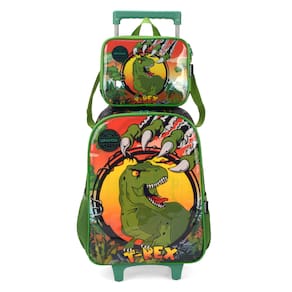 Kit de Mochila Escolar de Rodas com Lancheira Dinossauro.