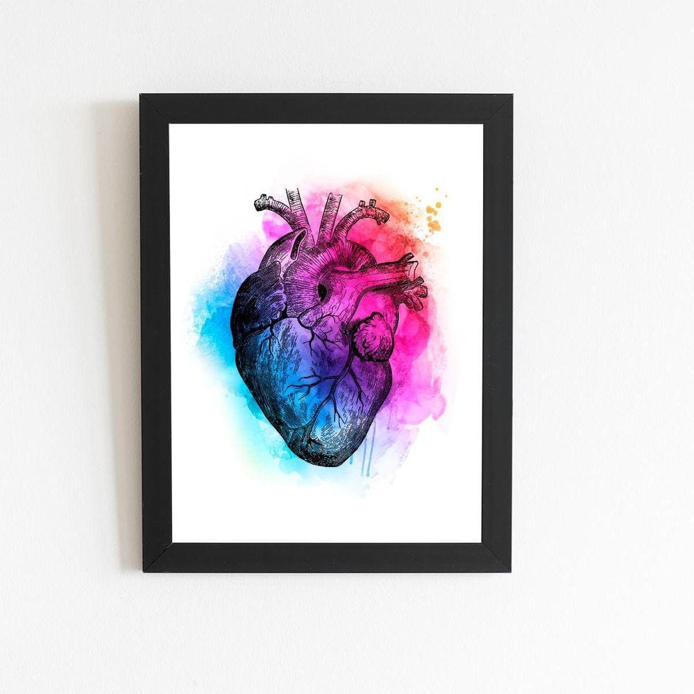 Coração Arte Colorido Abstrato Quadro Moldura Preta 60X40Cm