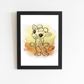 Girafa Animal Laranja Infantil Quadro Moldura Preta 60X40Cm