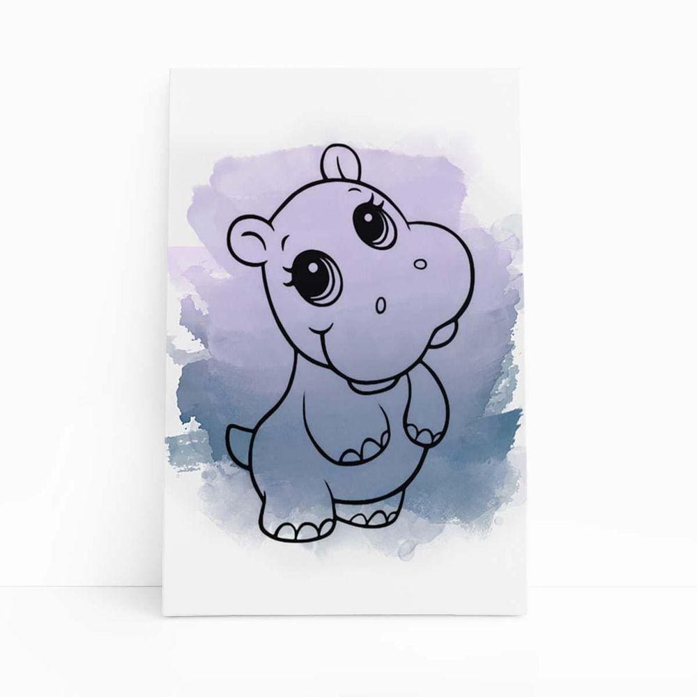 Hipopótamo Desenho Aquarela Roxo Quadro Canvas 60X40Cm