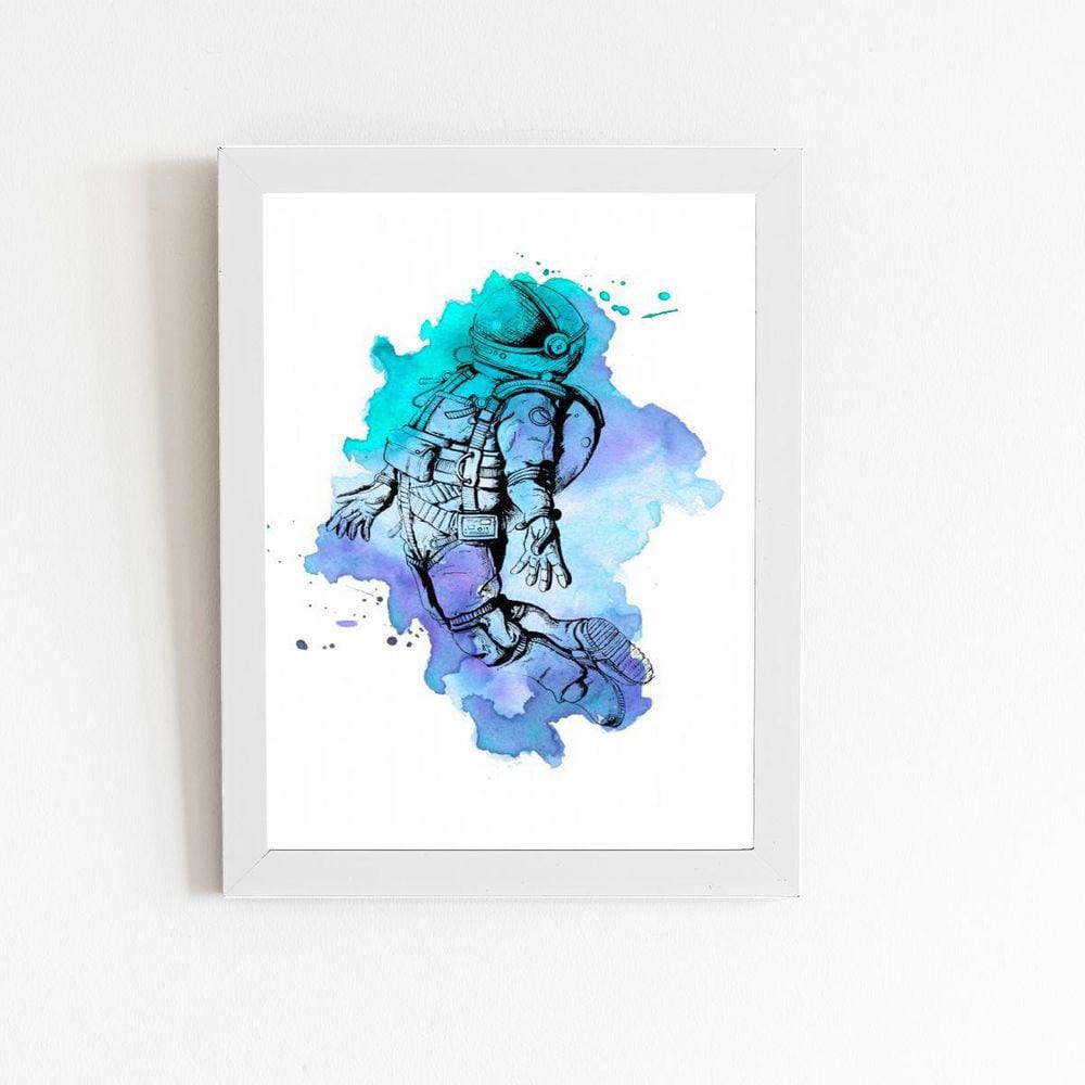 Astronauta Azul Arte Aquarela Quadro Moldura Branca 60X40Cm