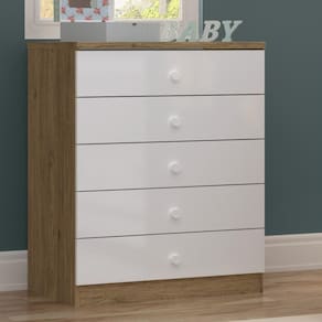 Cômoda Infantil 5 Gavetas Faz De Conta Espresso Móveis Rústico/Branco