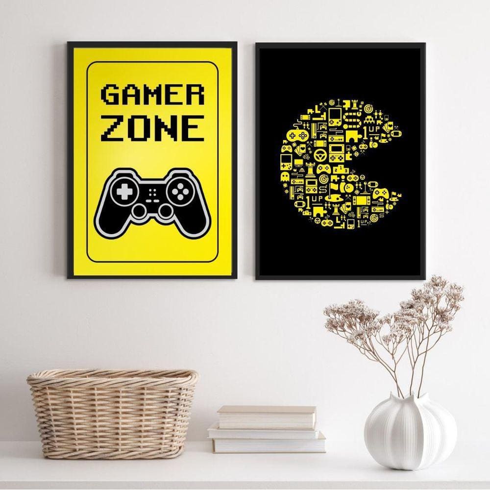 Kit 2 Quadros Gamer P/A 24x18cm - Vidro e Moldura Branca