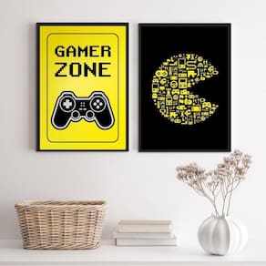 Kit 2 Quadros Gamer P/A 24x18cm - Vidro e Moldura Branca