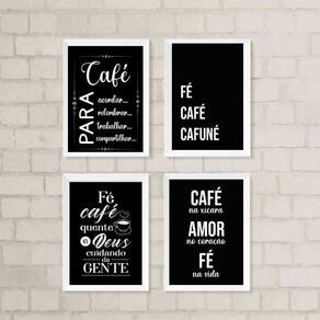Kit 4 Quadros Café com Fé 45x34cm - Madeira Preta