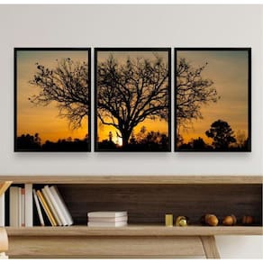 Kit 3 Quadros Paisagem Árvore por do Sol 24x18cm