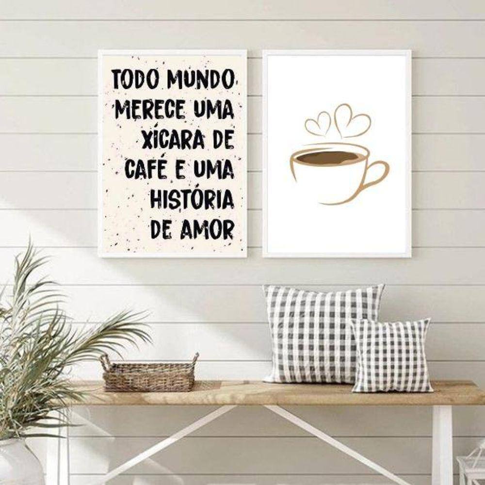 Kit 2 Quadros Café e Amor 24x18cm - Vidro e Moldura Preta
