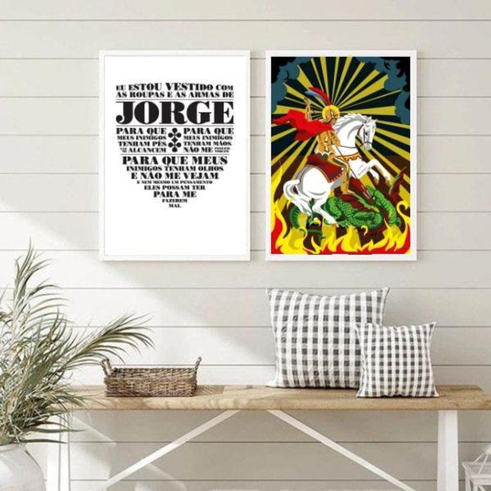 Kit 2 Quadros São Jorge 33x24cm - Vidro e Moldura Preta