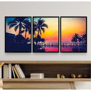 Kit 3 Quadros Praia Por do Sol Palmeiras 45x34cm