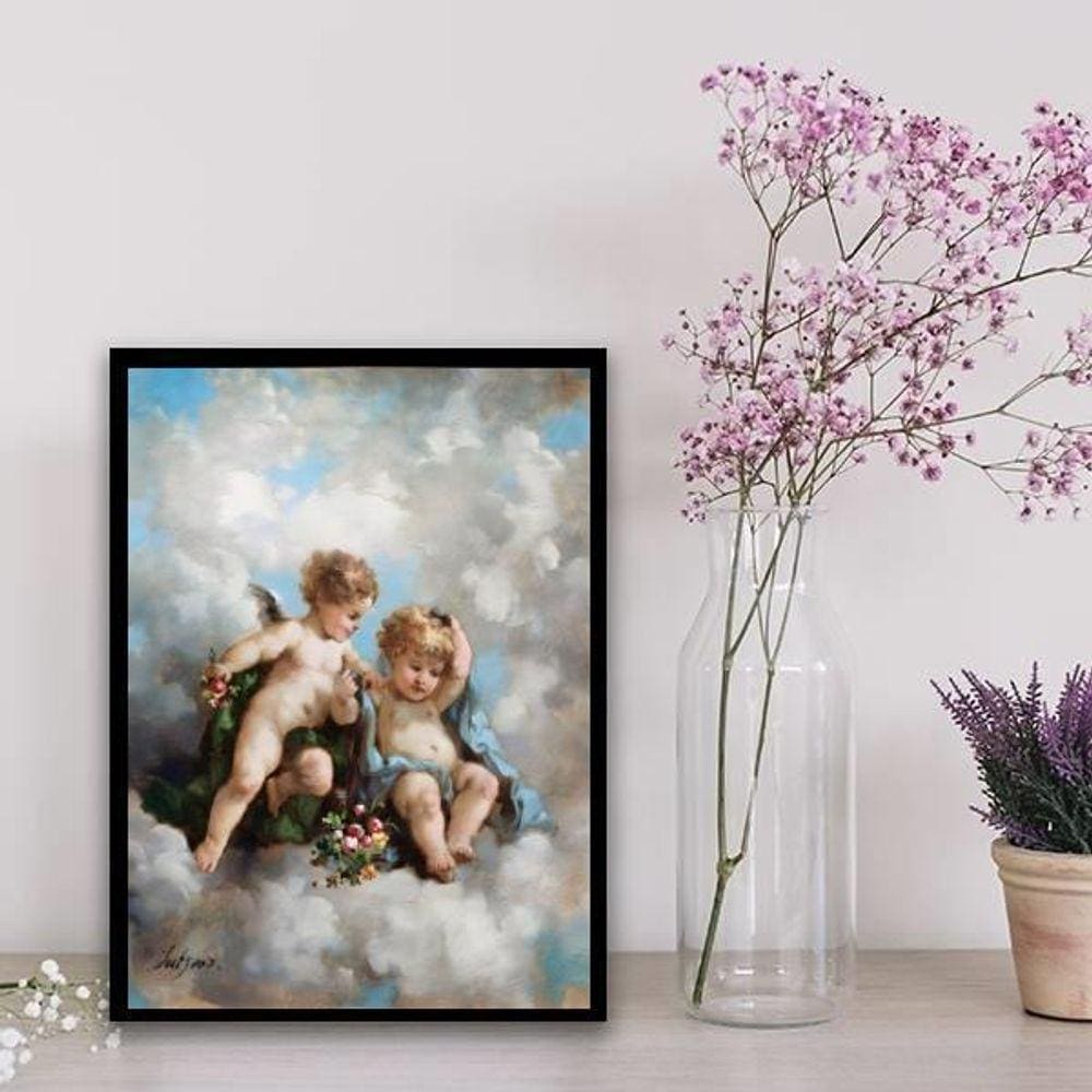 Quadro Decorativo Anjinhos Querubins 45X34Cm - Vidro Branca