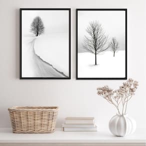 Kit 2 Quadros Paisagens Neve Árvores 33x24cm Moldura Preta