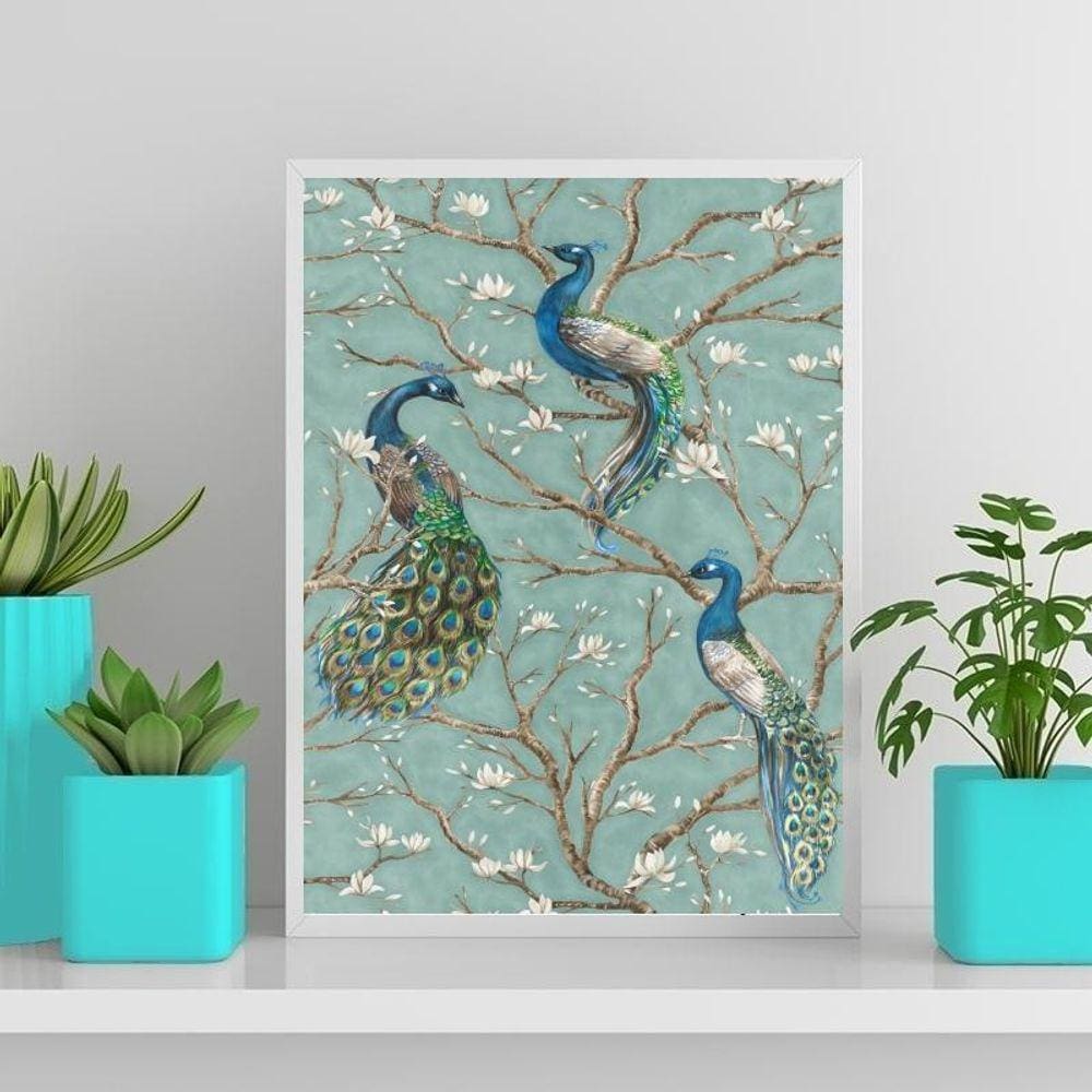 Quadro Decorativo Pavões Vintage 45X34Cm - Com Vidro Preta