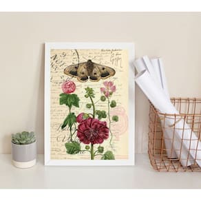 Quadro Borboleta e Flor Vintage 33x24cm - Vidro e Moldura Preta