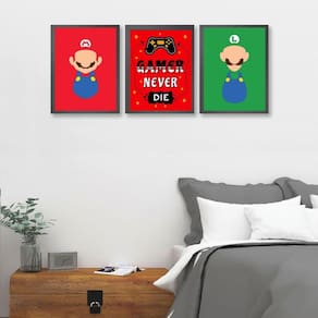 Kit 3 Quadros Gamer Game Never Die 33x24cm - Vidro