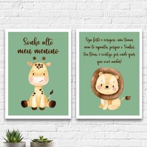 Kit 2 Quadros Infantil Tema Safari Sonhe 24X18 Vidro Branca