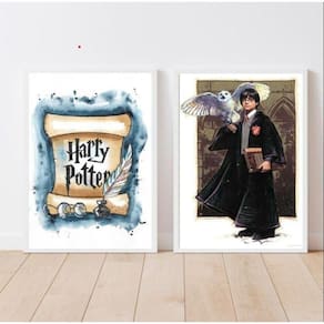 Kit 2 Quadros Harry Potter Aquarela 24x18cm - Preta