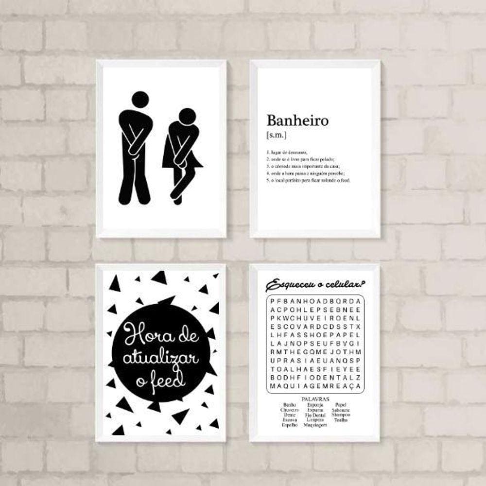 Kit 4 Quadros Divertidos Banheiro 33x24cm Moldura Branca