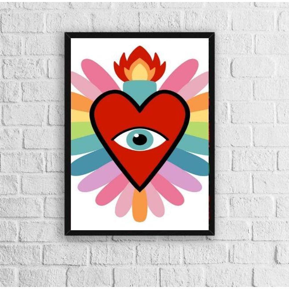 Quadro Decorativo Coração Olho 33x24cm - Moldura Preta