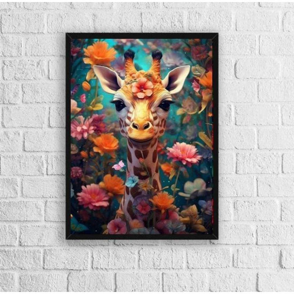 Quadro Decorativo Girafa Flores 33x24cm - Vidro Preta
