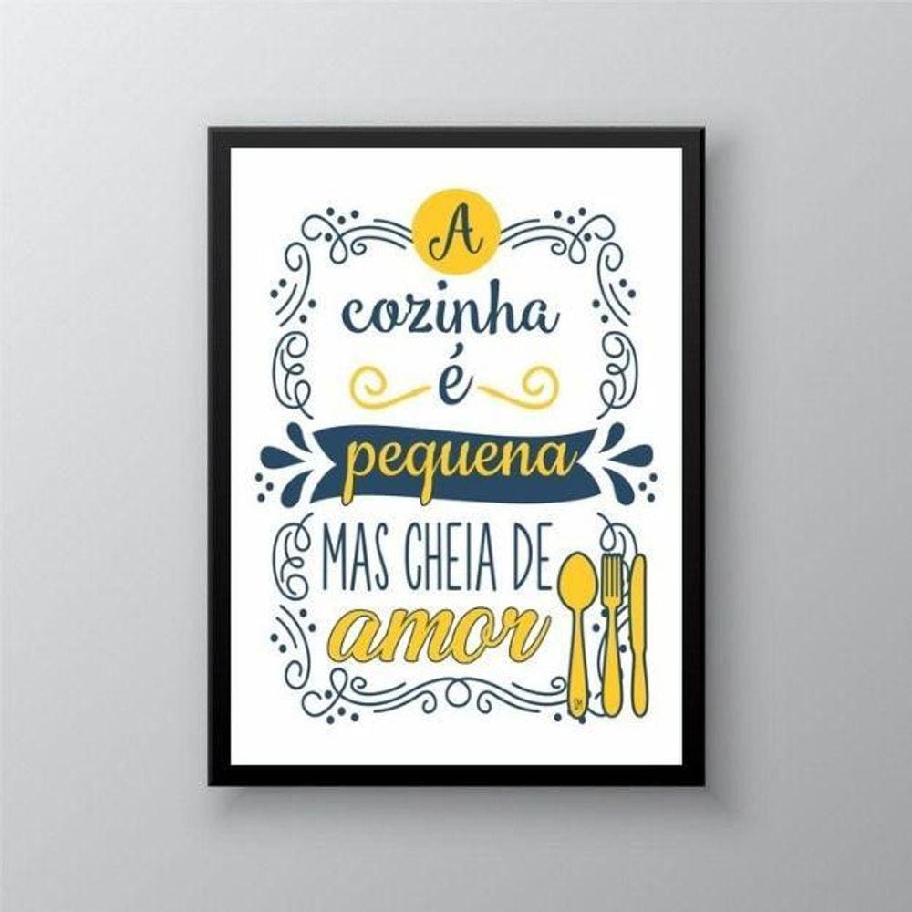 Quadro Cozinha Pequena Amarelo E Azul 33X24Cm - Com Vidro