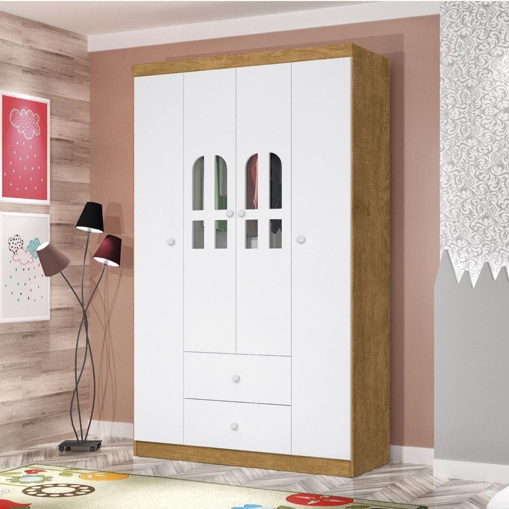 Guarda Roupa de Bebê 4 Portas 2 Gavetas Alvin Nature/Branco